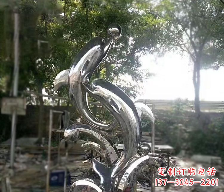 石狮不锈钢海豚顶球雕塑