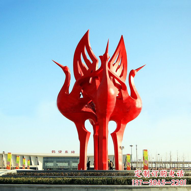 石狮城市广场4只展翅欲飞的不锈钢仙鹤动物景观雕塑
