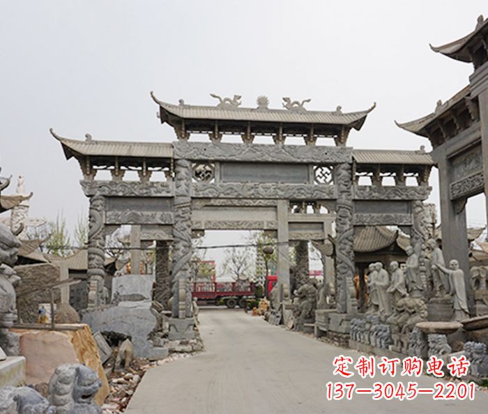 石狮村庄大型牌坊石雕 (2)