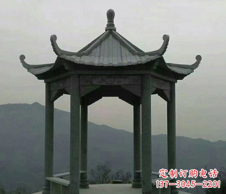 石狮考究工艺,奢华大理石六角凉亭雕塑