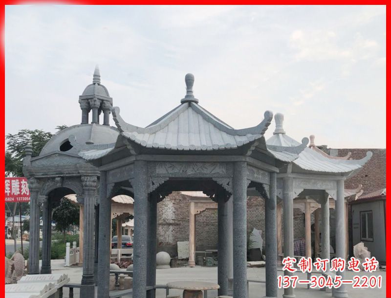 石狮六角凉亭石雕
