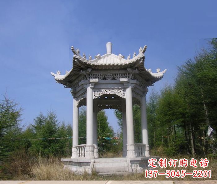 石狮精美大理石六角石凉亭雕塑