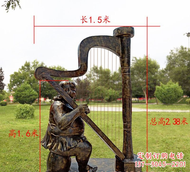 石狮手工铜制竖琴雕塑