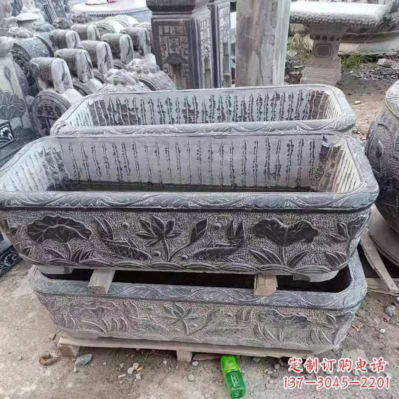 石狮方形石槽养鱼石缸