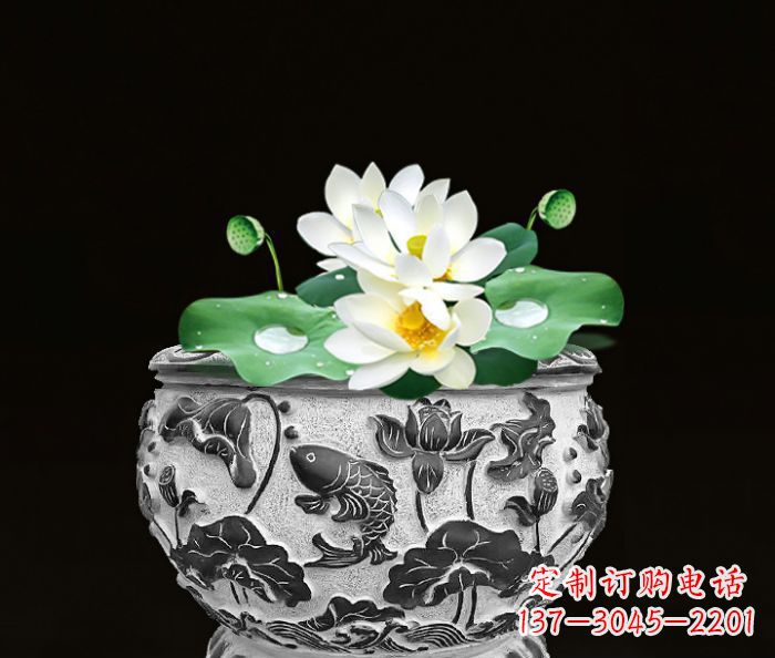 石狮仿古荷花鲤鱼雕塑石水缸