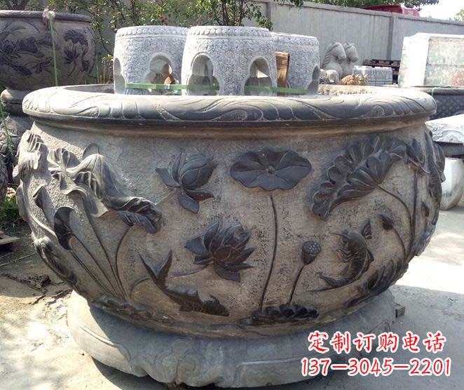 石狮精美仿古荷花鲤鱼浮雕石水缸