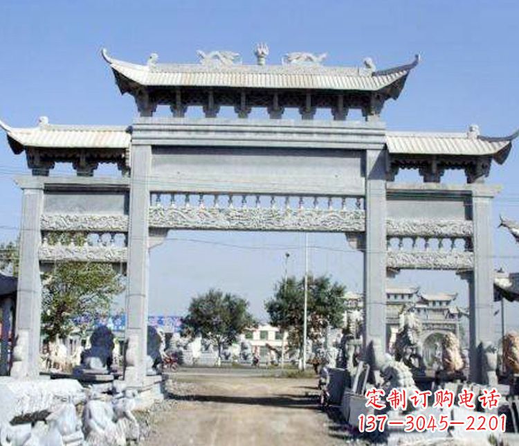 石狮仿古三门牌坊石雕 (9)