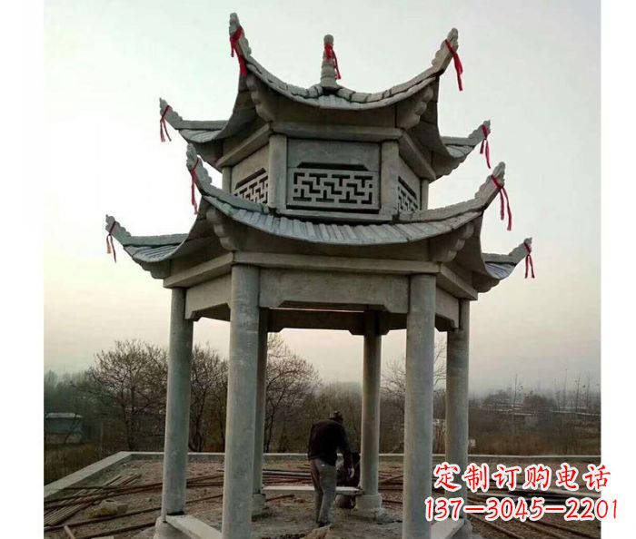 石狮仿古双层石雕凉亭