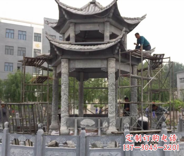 石狮仿古双层石雕凉亭
