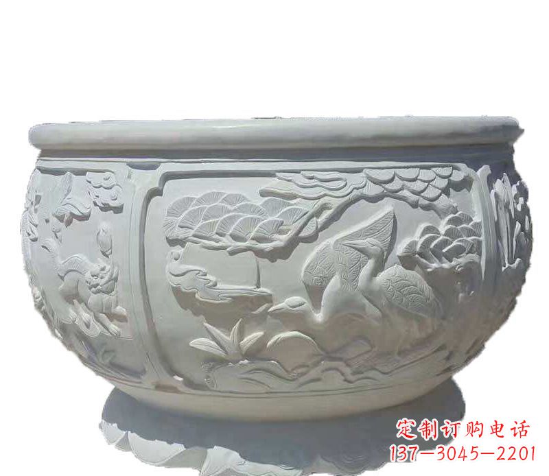 石狮仿古鱼缸石雕花盆摆件