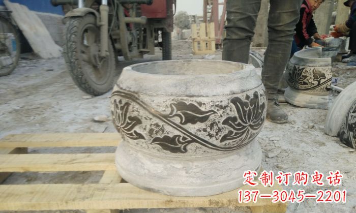 石狮仿古圆形水缸石雕 (4)