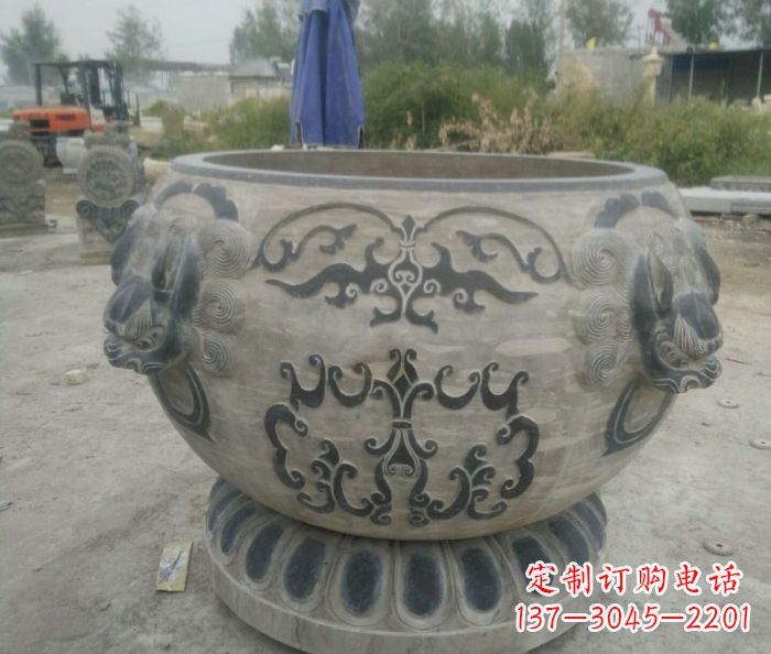 石狮仿古圆形水缸石雕 (3)