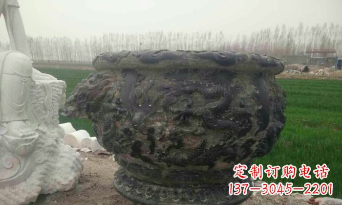 石狮仿古圆形水缸石雕 (2)