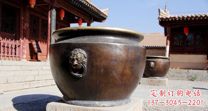 石狮仿古圆形水缸铜雕