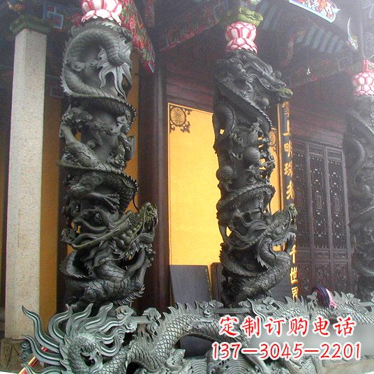 石狮高浮雕龙柱铜雕塑