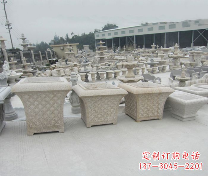 石狮优雅花盆大理石雕塑