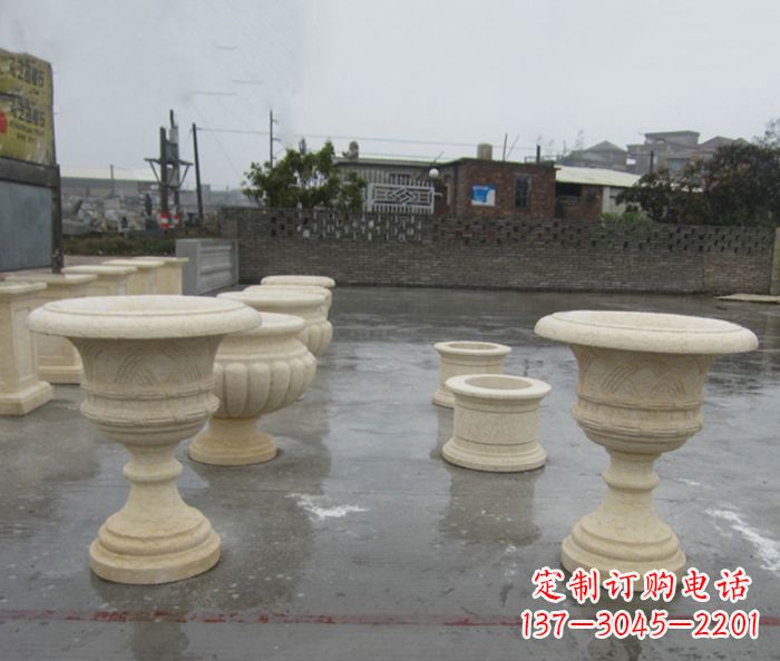 石狮完美绽放——大理石花盆石雕