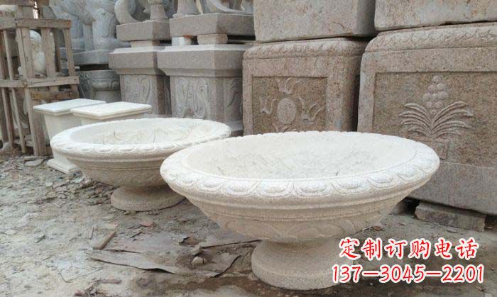 石狮细腻雅致的大理石花盆石雕