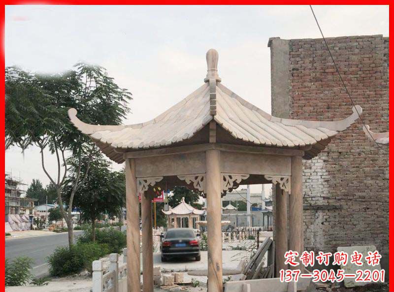 石狮公园晚霞红六角石凉亭雕塑