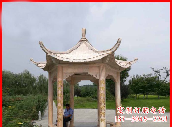 石狮晚霞红六角石凉亭雕塑