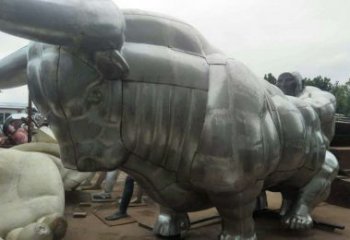 石狮中领雕塑：复古拓荒牛不锈钢雕塑