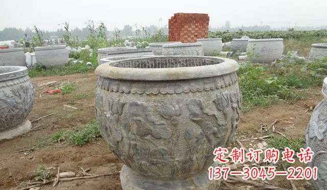 石狮荷花花盆公园景观石浮雕