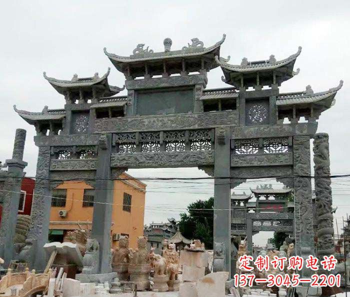 石狮景区三门牌坊石雕 (3)