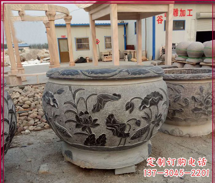 石狮连年有余石浮雕仿古圆水缸 (3)