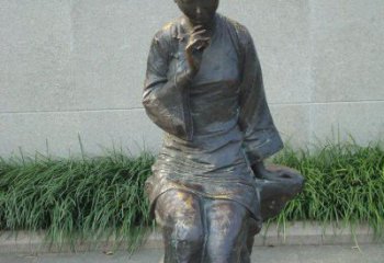 石狮描绘心灵世界的街边低头思考的女孩景观铜雕