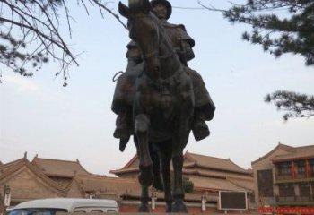 石狮雕刻精美的蒙古人骑马铜雕