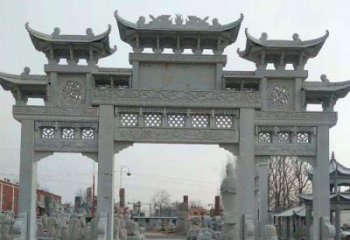 石狮三门牌坊石雕，精美汉风石雕装饰景区