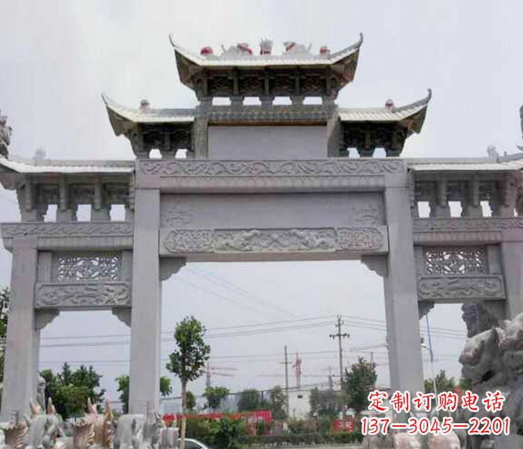 石狮中领雕塑-三门牌坊大理石石雕