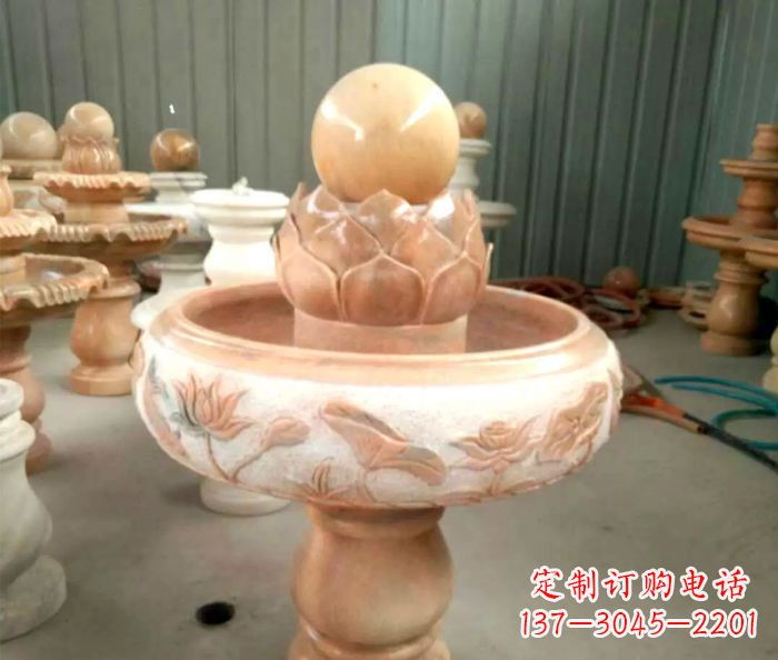 石狮石来运转晚霞红风水球喷泉石雕