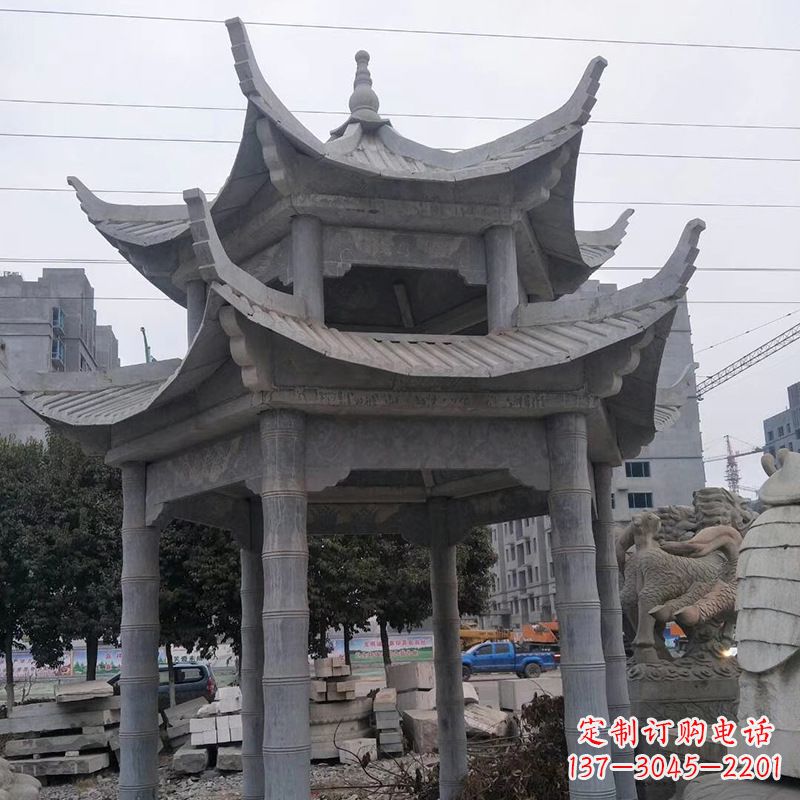 石狮双层八角石雕凉亭