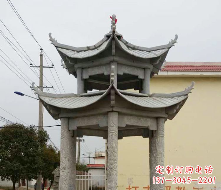 石狮双层仿古凉亭石雕 (2)
