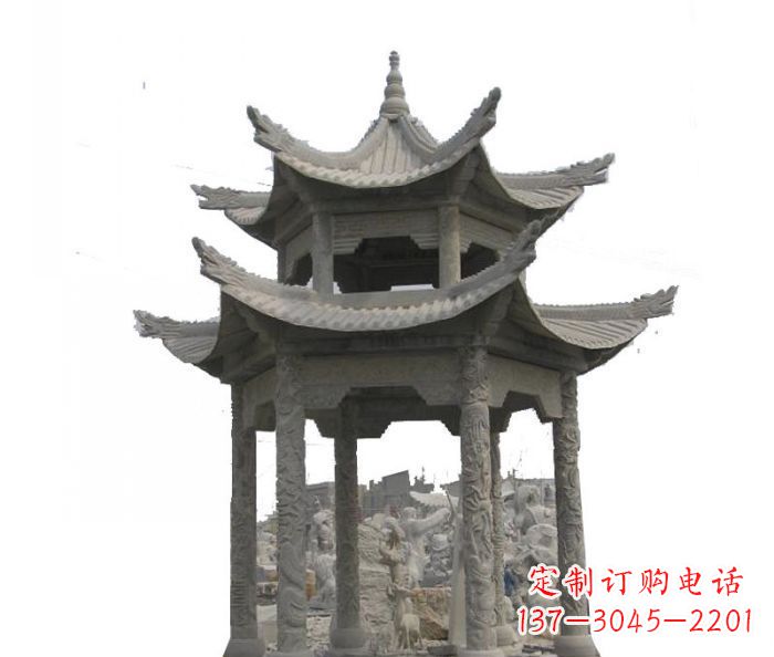 石狮双层仿古石雕凉亭 (2)