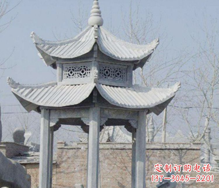 石狮双层仿古六角凉亭石雕