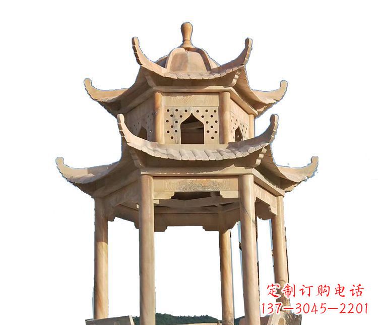 石狮双层晚霞红凉亭石雕 (2)