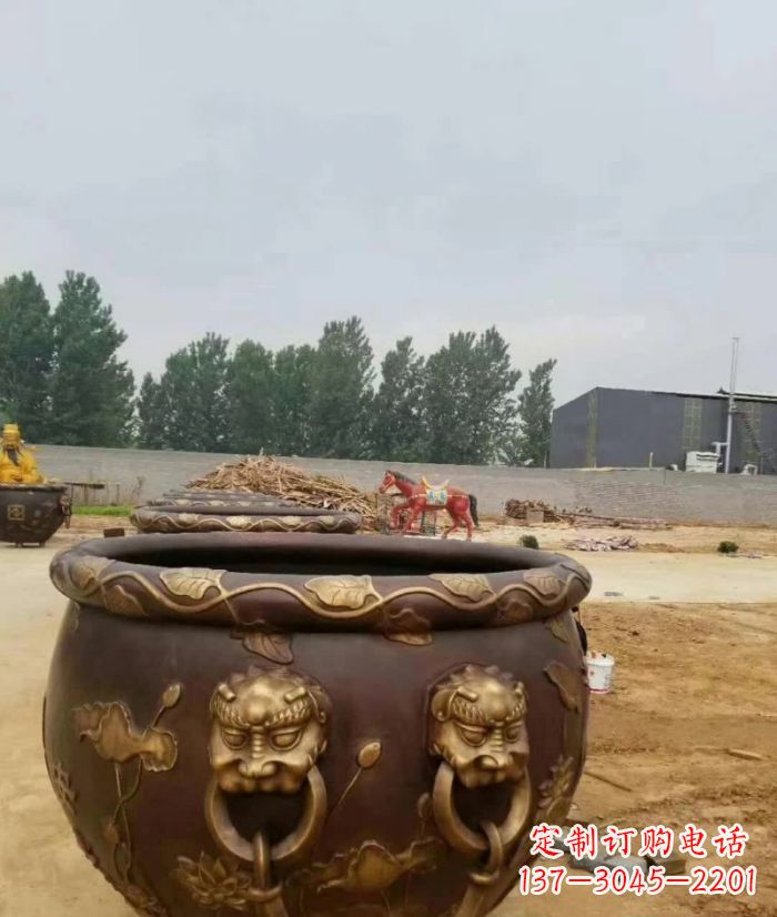 石狮寺庙水缸铜雕 (4)