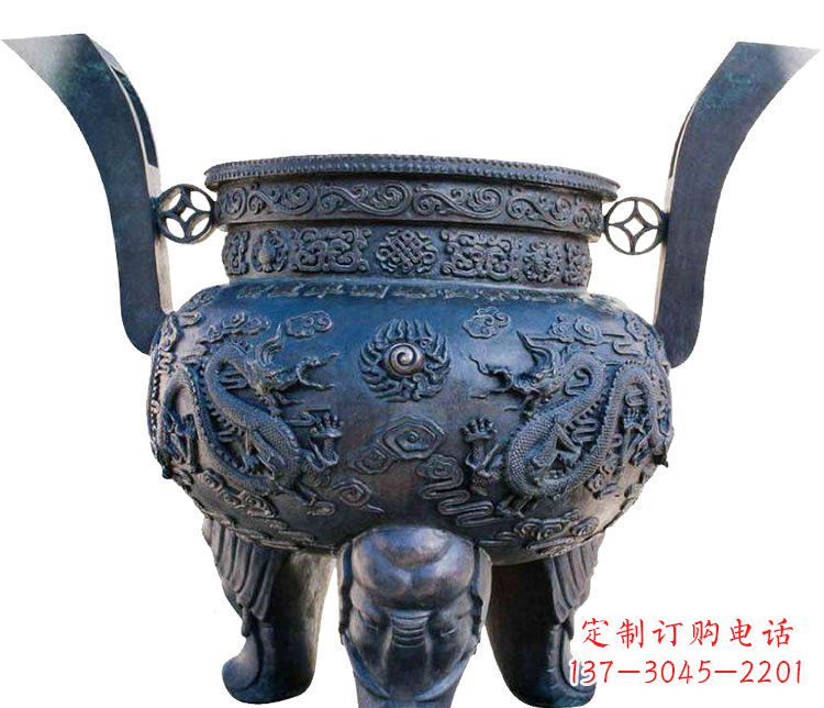 石狮寺庙圆形三足鼎铜雕香炉