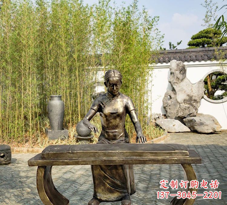 石狮铜雕弹古筝人物