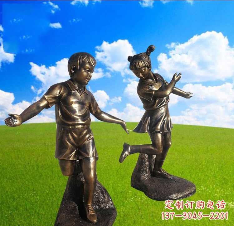 石狮铜雕儿童踢毽子