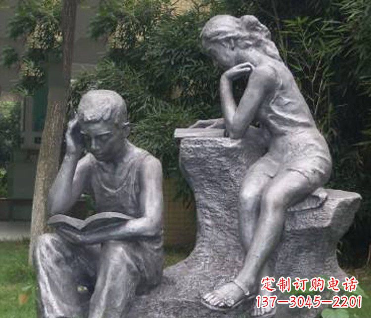 石狮铜雕校园读书学生摆件