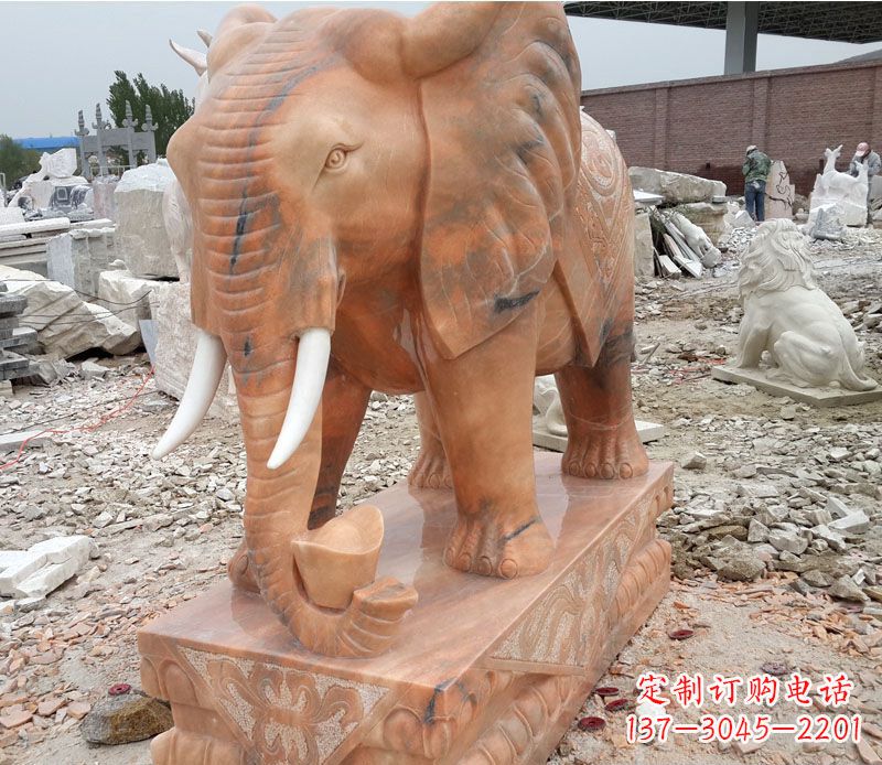石狮晚霞红大象招财石雕