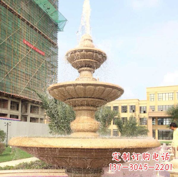 石狮晚霞红大型多层喷泉石雕