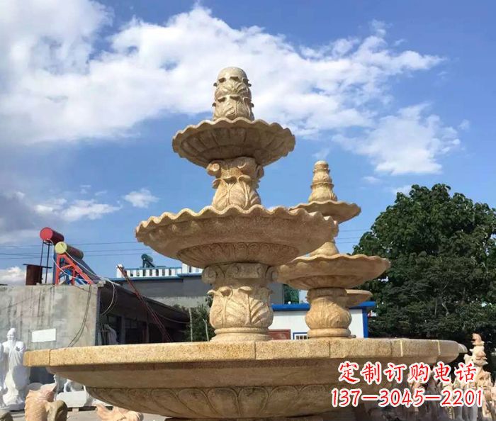石狮晚霞红多层喷泉石雕