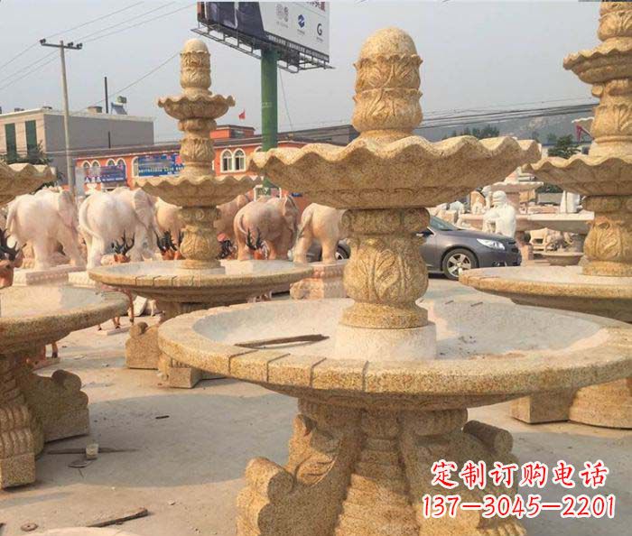 石狮晚霞红多层大型石雕喷泉