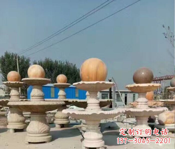 石狮晚霞红多层风水球喷泉石雕