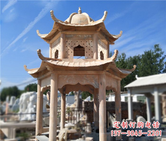 石狮晚霞红公园双层六角凉亭石雕