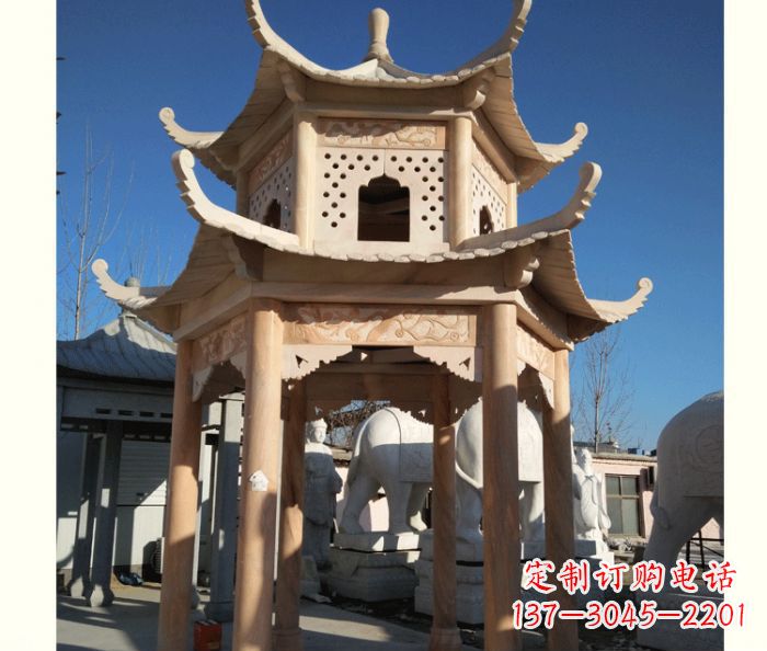 石狮晚霞红公园双层六角凉亭石雕 (2)